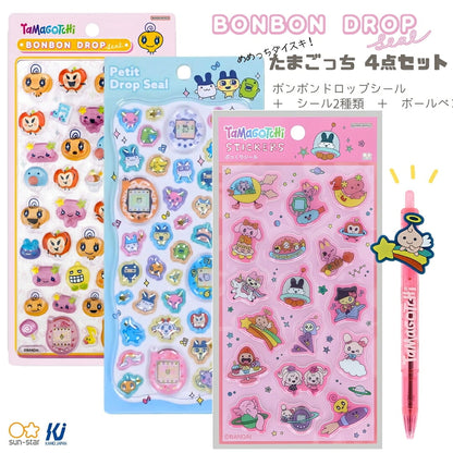 【たまごっち4点セット】くりてん ボールペン(S4659937)＋ ボンボンドロップシール (めめっちS8812551)＋プチドロ(224471)＋シール(ピンクS8819971) 白背景